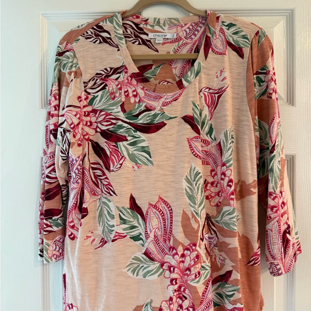 Chico's Floral Cutout-Neck 3/4 Sleeve Top Chicos size 2-Large